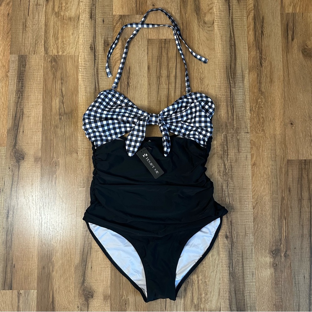 Tempt Me one piece cutout swimsuit checkered print size Large